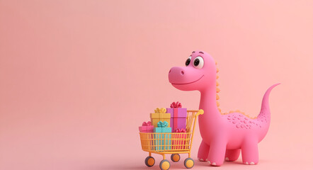 A pink dinosaur with a big smile is pushing a yellow shopping cart full of colorful gifts against a light pink background