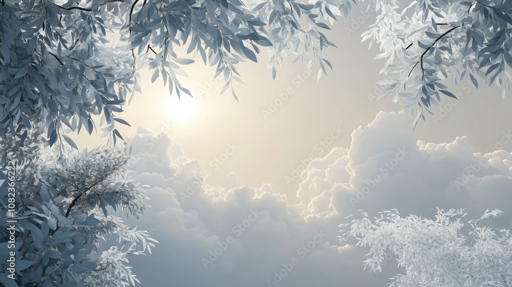 Poster ethereal scene with soft clouds and delicate leaves bathed in warm light, creating a dreamy atmosphe