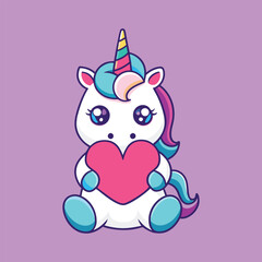 Cute Unicorn Hug Love Heart Animal Nature Icon Concept Flat Cartoon Style Vector Illustration