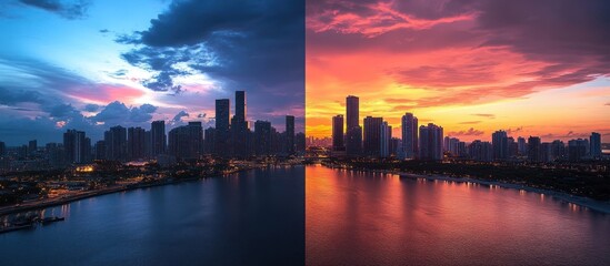 Obraz premium A city skyline with a blue and red sunset sky.
