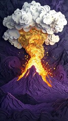 Paper-Cut Kintsugi Origami Japandi Volcano Mountain Eruption with Smoke and Clouds Silhouette