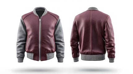 A stylish maroon and gray bomber jacket displayed from front and back views.