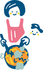 5人分の目玉焼きを作る若い女性　ストックイラスト素材
