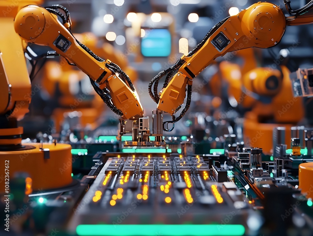 Poster robotic arms assembling advanced microchips on factory floor with precision