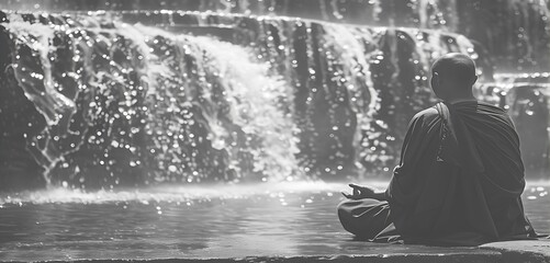 Fototapeta premium A serene monk meditating by a tranquil waterfall, embodying peace and mindfulness.