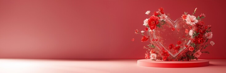 A red podium with a big heart with flowers. Luxurious floral accents, delicate sparkles. Perfect for Valentine’s Day, copy space on a vibrant background, a romantic banner