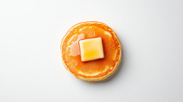Fresh bake and grill, Freshly made pancake topped with square of butter and syrup, perfect for breakfast. Enjoy deliciousness of this classic dish!