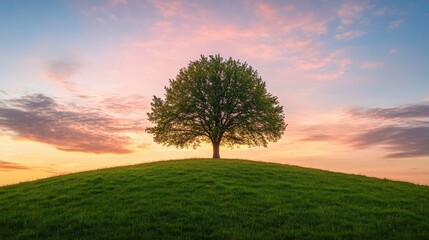 Fototapeta premium Solitary Tree on a Green Hill at Sunset
