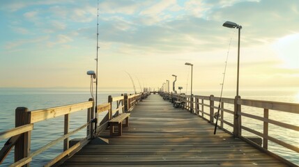 A picturesque sea fishing pier at sunrise, Fishing equipment lined along a wooden pier, Coastal leisure style