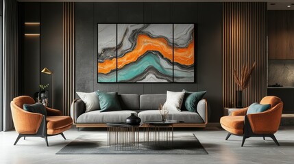 Modern Living Room Interior with Abstract Wall Art Featuring Bold Orange, Teal and Grey Colors, Stylish Furniture, and Elegant Decorative Elements