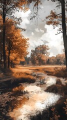 Naklejka premium Serene Autumn Landscape with Pond and Trees