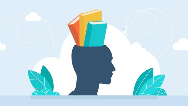 Head silhouette with a stack of books inside. Open male head with books inside. Knowledge is stored in a memory symbol. Learning conceptual sign. Education. Book. Dictionary brain. 2d flat animation