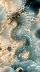 Fototapeta premium Majestic white and gold dragon rising from the clouds