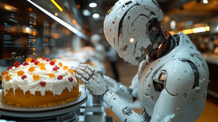 A humanoid android carefully decorates a cake in a modern bakery during a vibrant daytime setting