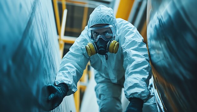 A dedicated worker in protective gear descending into an industrial tank