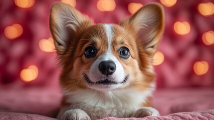Cute corgi puppy relaxing on pink blanket with heart shaped bokeh lights