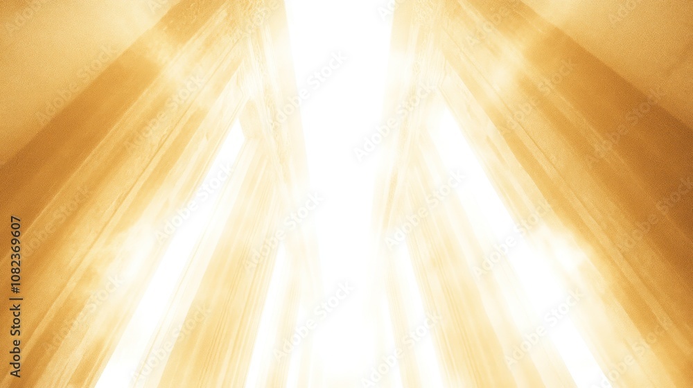Poster bright light shining through tall structures, creating a dramatic and uplifting atmosphere.
