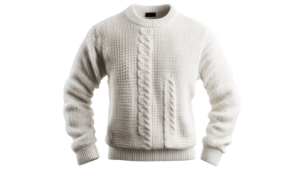 This cozy white sweater features intricate knitted patterns and ribbed cuffs, making it ideal for winter wear and stylish layering during colder months