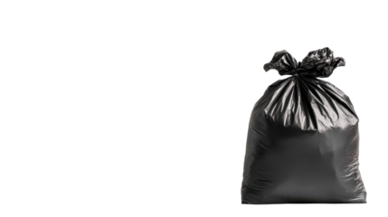 A hefty black trash bag is tied tightly at the top, filled with various waste materials. It stands prominently against a transparent backdrop, indicating it's ready for disposal