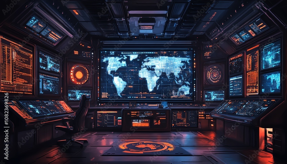 Poster command center filled with screens displaying global operations, advanced tracking and monitoring, d