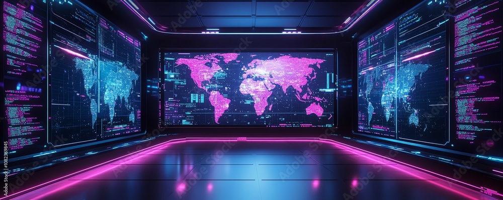 Poster command center with large screens showing global operation data, advanced technology, digital maps, 
