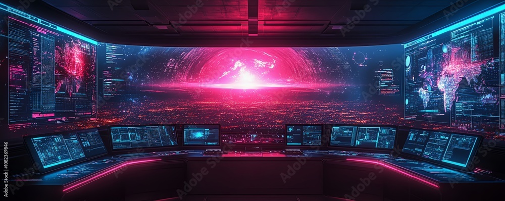 Poster command center with large screens showing global operation data, advanced technology, digital maps, 
