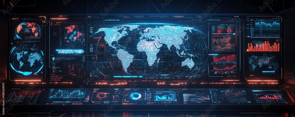 Poster command center with large screens showing global operation data, advanced technology, digital maps, 