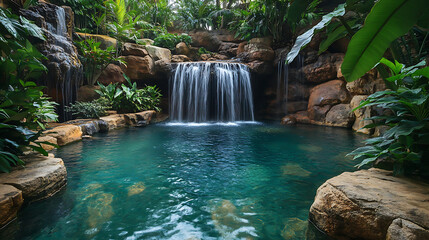 A stunning waterfall cascading into a natural swimming pool surrounded by lush greenery and smooth rocks 