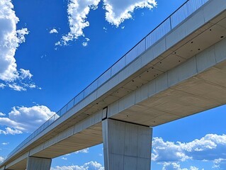 low-angle photo of a modern bridge against a vivid blue sky, showcasing its architectural engineering and sleek lines against the expansive backdrop