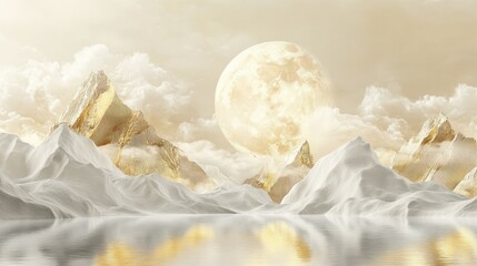 Serene Landscape with Golden Mountains and Full Moon Reflected in Calm Water under Soft Cloudy Sky, Evoking Peace and Tranquility for Nature Lovers and Dreamers
