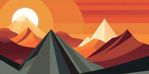 Sfondo geometrico con montagne, vette e sole. Colori saturi.
