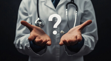 A doctor in a white coat with a stethoscope around their neck is holding out their hands with a large question mark in front of them