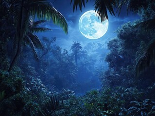lush jungle scene illuminated by soft moonlight filtering through dense foliage, capturing the enchanting beauty of nature at night with ethereal ambiance