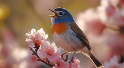 Fototapeta premium A small blue and orange bird perched on a branch with pink blossoms singing in the sunlight.