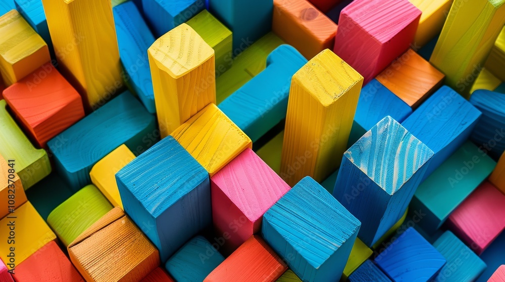 Poster A playful block-building area with colorful blocks, Blocks meticulously arranged in creative patterns, Contemporary artistic style