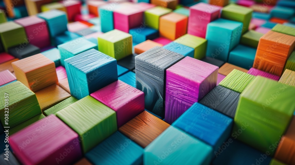 Poster A playful block-building area with colorful blocks, Blocks meticulously arranged in creative patterns, Contemporary artistic style
