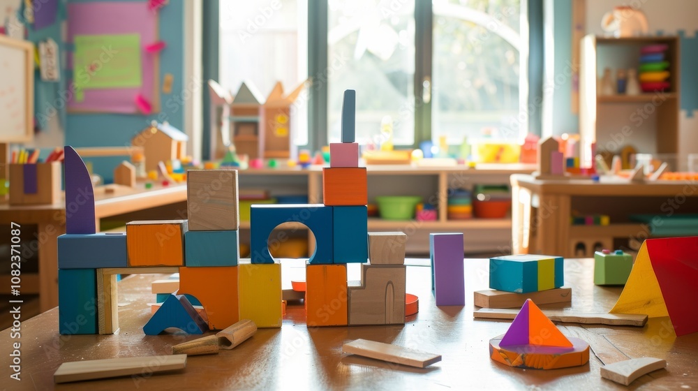 Poster A playful block-building workshop in a children's classroom, Colorful blocks arranged for educational fun, Educational studio style
