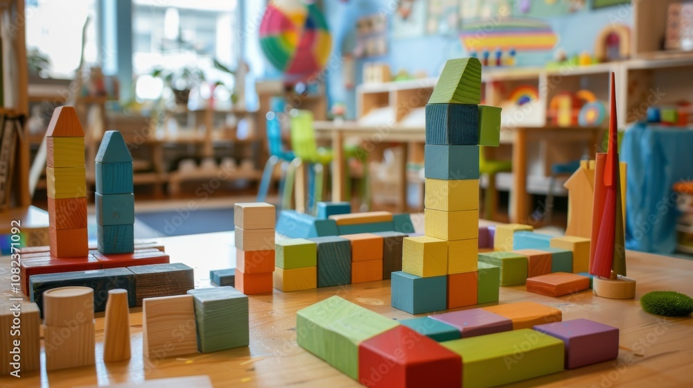 Poster a playful block-building workshop in a children's classroom, colorful blocks arranged for educationa