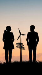 Fototapeta premium Sustainability Project Funding Business Concept. A silhouette of a man and woman standing near a wind turbine against a sunset backdrop, highlighting themes of sustainability and clean energy.