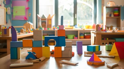 A playful block-building workshop in a children's classroom, Colorful blocks arranged for educational fun, Educational studio style