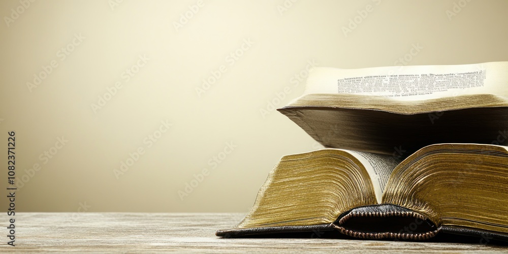 Aufkleber a stack of two open books on a wooden surface against a soft background.