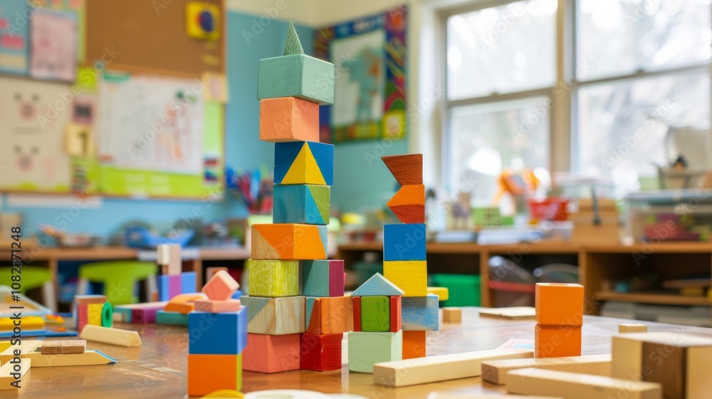 Aufkleber a playful block-building workshop in a children's classroom, colorful blocks arranged for educationa