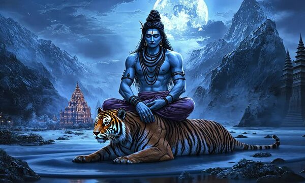 Hindu god Shiva meditating on a tiger with a full moon in the background.