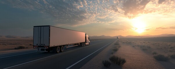 Obraz premium White semi-truck driving on desert highway at sunset