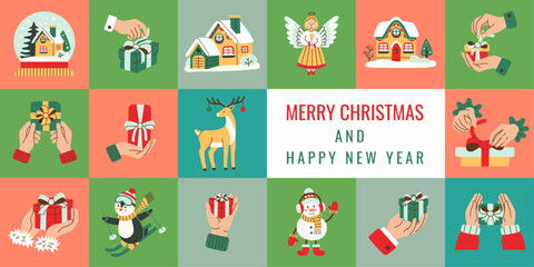 Obraz premium Festive flat-style holiday illustrations featuring gifts, hands, snowman, angel, deer, houses, and winter scenes. Perfect for Christmas greeting cards, seasonal decorations, and design projects.