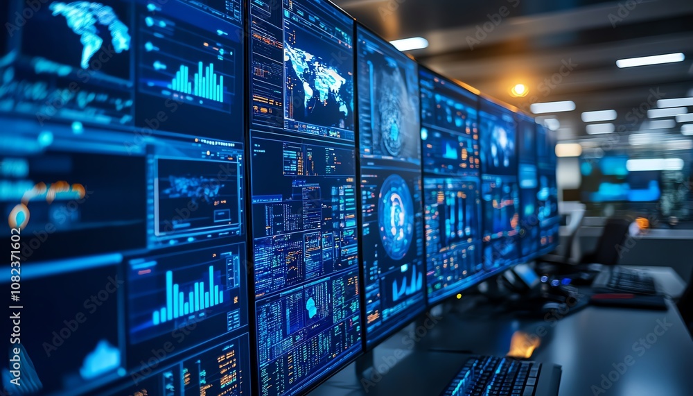 Aufkleber futuristic command center monitoring worldwide operations, multiple large screens showing realtime d
