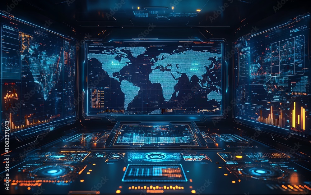 Poster futuristic control room with multiple screens tracking global operations, advanced data monitoring, 