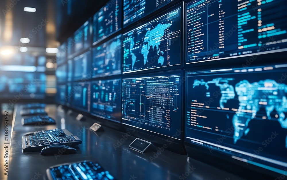 Poster futuristic control room with multiple screens tracking global operations, advanced data monitoring, 