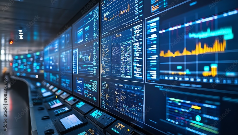 Aufkleber futuristic command center monitoring worldwide operations, multiple large screens showing realtime d