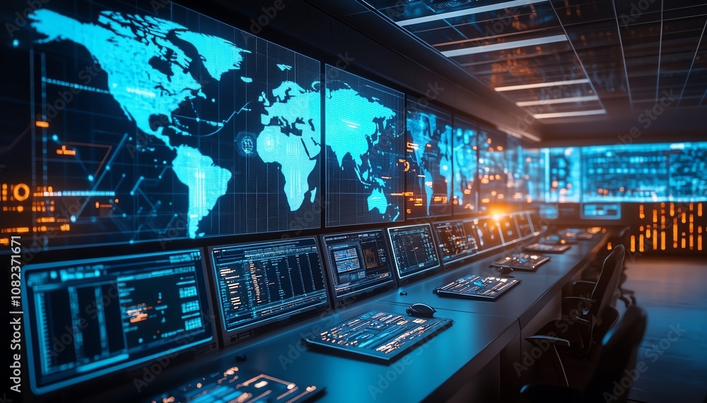 Poster futuristic command center monitoring worldwide operations, multiple large screens showing realtime d